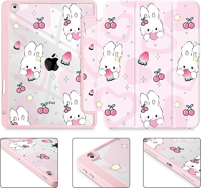 for iPad 9th Generation with Pencil Holder iPad 8th/7th Gen Case 10.2-inch [Built in Pencil Holder] Trifold Stand Auto Wake/Sleep Clear TPU Protection Back Cover Rabbit &amp Strawberry
