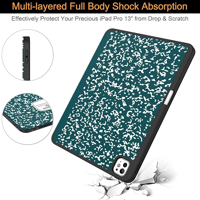 Soke Case for New iPad Pro 13 Inch (M5/M4 2025/2024 Release) with Pencil Holder Trifold Stand Shockproof [Support Apple Pencil Charging + Auto Wake/Sleep] Soft TPU Back Cover Book Teal