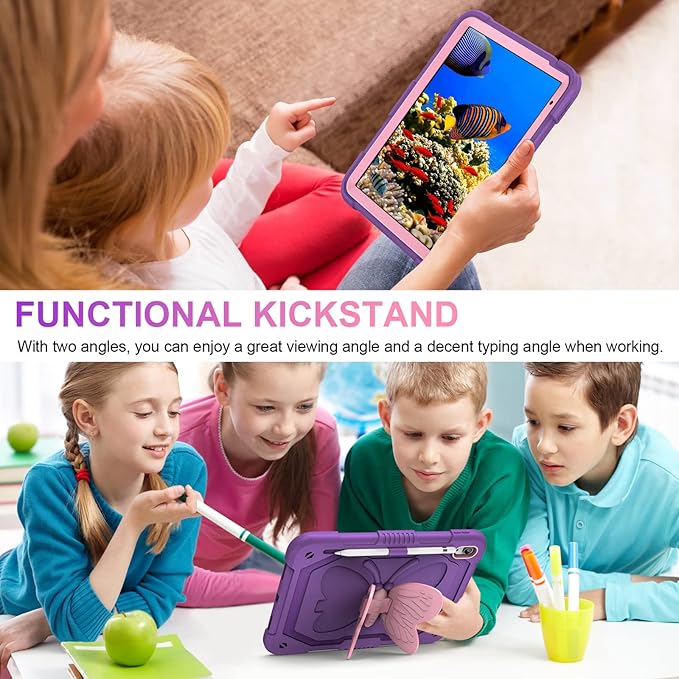VOFUOE for iPad 10th Generation Case for Kids Girls 2022 10.9 Inch for iPad A16 Case 11th Generation 2025 with Screen Protector Shoulder Strap Butterfly Wings Stand Pencil Holder Rugged Cover-Purple