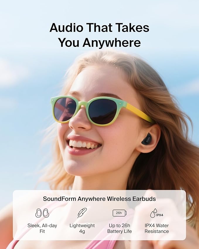 Belkin SoundForm Anywhere Wireless Earbuds IPX4 Water Resistant Bluetooth Earphones Long-Lasting Comfort Case with Keyring for iPhone iPad Tablet Laptop Hiking Running Travel etc. - Black