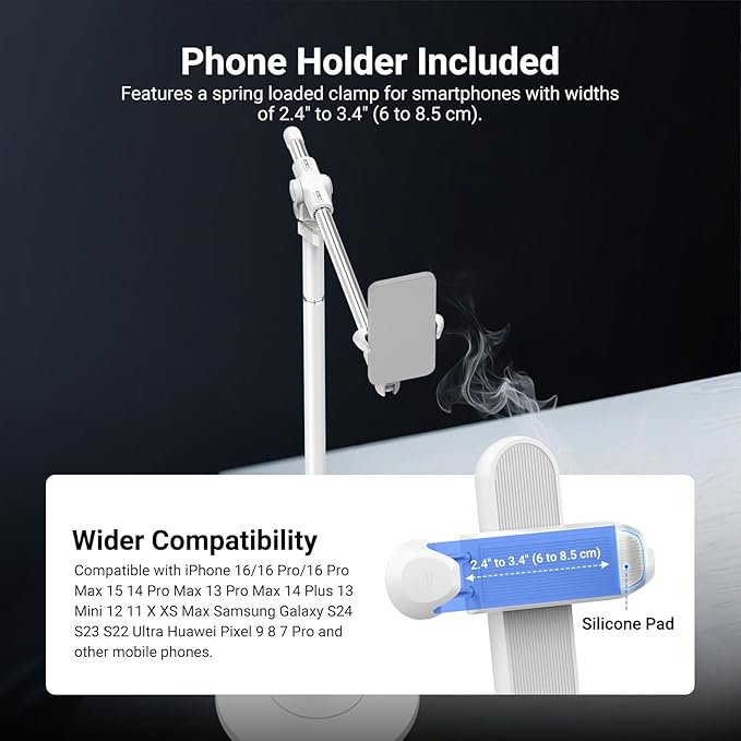 NEEWER Basics Phone Floor Stand with Horizontal Extension Arm Adjustable Cell Phone Holder Clamp Mount Compatible with iPhone Samsung for Video Recording Bed Lying Down Weighted Base ST009 White