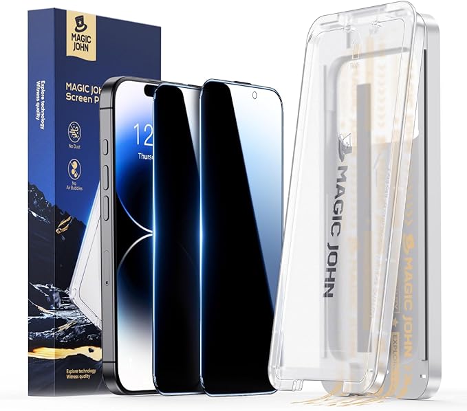 MAGIC JOHN 3rd Gen Upgraded for iPhone 14 Pro Privacy Screen Protector 6.1 Inch 25°Anti-Spy Screen Shockproof Tempered Glass Auto Dust-Removal Bubble Free Easy Installation 2 Pack