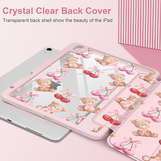 DONGKE Case for iPad Air 11-inch M4 2026 &amp M3 2025 &amp M2 2024 iPad Air 5th/4th Generation 10.9 2022/2020 [Built-in Pencil Holder] Clear Acrylic Back Trifold Stand Smart Cover Bear &amp Che