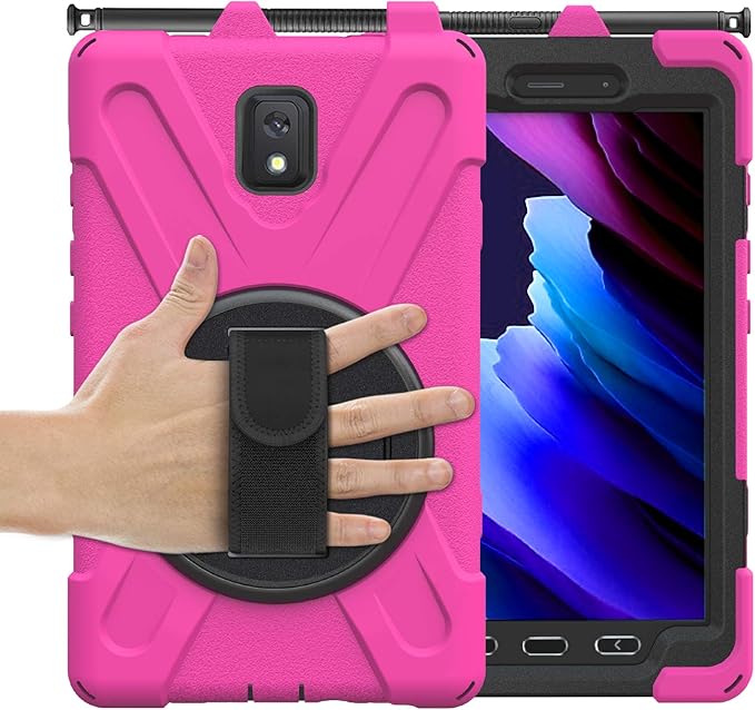Case for Samsung Galaxy Tab Active 3 8 T570 T575 T577 Heavy Duty Shockproof Rugged 3 Layer Kids Durable Case with 360 Swivel Kickstand Shoulder Strap &amp Hand Strap (Rose Red)