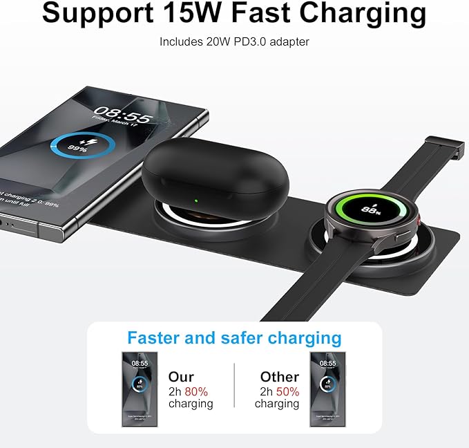 Foldable Android Samsung S25 Ultra Fast Wireless Charging Pad 3 in 1 Charger Wireless Charging Station 15W Fast Charging for Samsung Galaxy S25 Plus/S24FE/S24 Plus/S23FE/S22 Galaxy Watch 7/6 Classic