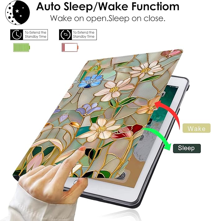 Compatible with iPad Air 13 inch Case (M3 2025 /M2 2024)/12.9 inch Case (6th/5th/4th/3rd 2022/2021/2020/2018) with Pencil HolderAuto Wake/Sleep Protect CoverVintage Stained Glass Flowers