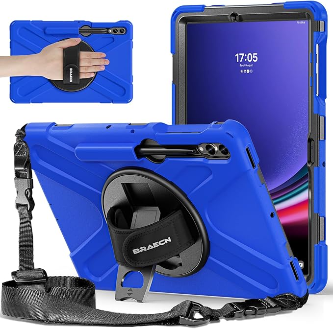 BRAECNstock Case for Samsung Galaxy Tab S10+ Plus/ S9 FE+ Plus/ S9+ Plus/ S8+ Plus/ S7 FE/ S7+ Plus 5G 12.4 inch Shockproof Protective Kids Cover with Pen Holder Rotating Hand Strap &amp Stand - Blue
