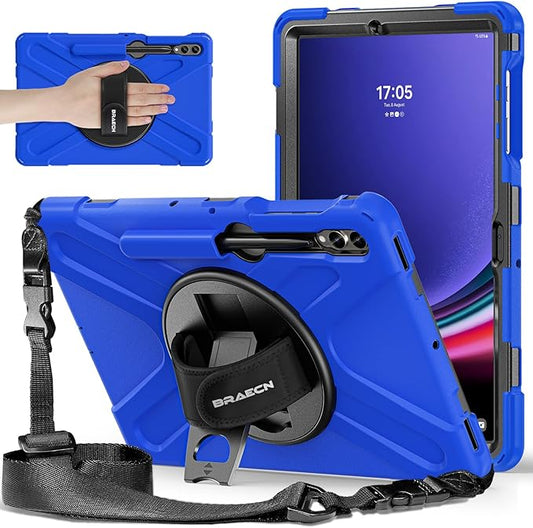 BRAECNstock Case for Samsung Galaxy Tab S10+ Plus/ S9 FE+ Plus/ S9+ Plus/ S8+ Plus/ S7 FE/ S7+ Plus 5G 12.4 inch Shockproof Protective Kids Cover with Pen Holder Rotating Hand Strap &amp Stand - Blue