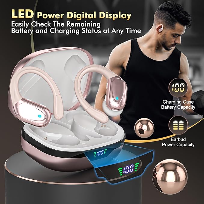 Wireless Earbuds Sports Bluetooth Headphones 80Hrs Playtime Ear Buds with LED Power Display Noise Canceling Headset IPX7 Waterproof Earphones for Workout/Running（Rose Gold）