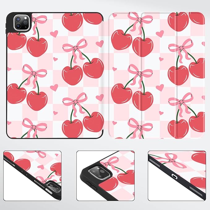 Mektron Case for M5/ M4 iPad Pro 11 inch 2025/2024 with Pencil Holder Compatible Models: A3357/A3358/A3359/A2836/A2837/A3006 Tablet Cover with Soft TPU Back Cover Cherries Bows C353