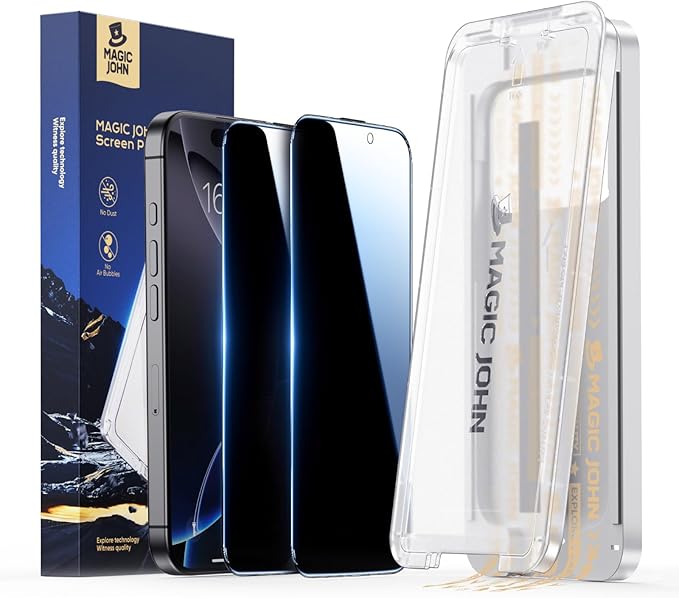 MAGIC JOHN 3rd Gen Upgraded for iPhone 16 Pro Privacy Screen Protector 6.3 Inch 25°Anti-Spy Screen Shockproof Tempered Glass Auto Dust-Removal Bubble Free Easy Installation 2 Pack
