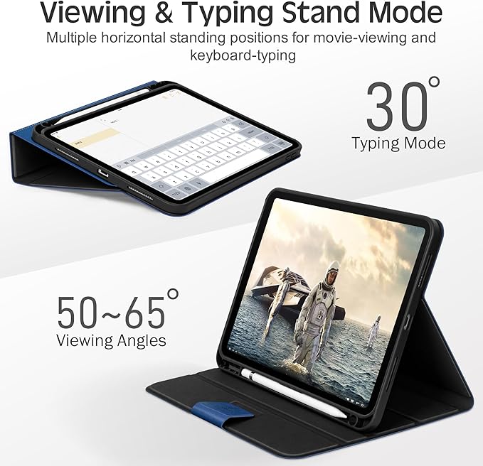 KingBlanc Case for iPad (A16) 11th Generation 11-inch 2025 iPad 10th Generation 10.9 2022 with Pencil Holder Vegan Leather Protective Stand Cover Auto Sleep Wake Multi-Angle Viewing/Typing Blue