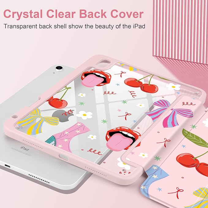 Case for iPad A16 11th Generation 11 inch 2025 iPad 10th Generation 10.9 inch 2022 -[Built-in Pencil Holder] Shockproof Clear Hard Back Trifold Stand Auto Wake/Sleep Cherry &amp Lip