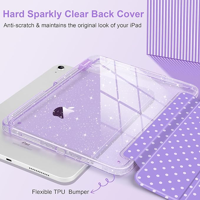 TWOLSKOO Sparkly Case for iPad Pro 11 inch (M5 2025 / M4 2024) Glitter Hard Acrylic Back with Pencil Holder Slim Trifold Stand Folio Cover Auto Sleep/Wake Purple Polka Dot