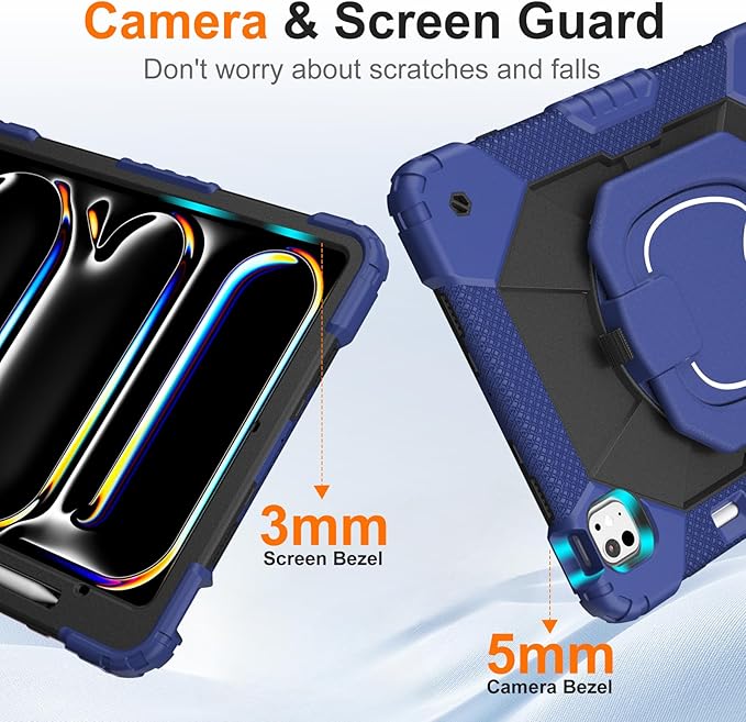 Case for iPad Pro 13 Inch M5 2025 / M4 2024 Auorld for iPad Pro 13 Inch M5 2025 with Screen Protector 360 Degree Rotating Stand Shoulder Strap Pencil Holder Navy Black