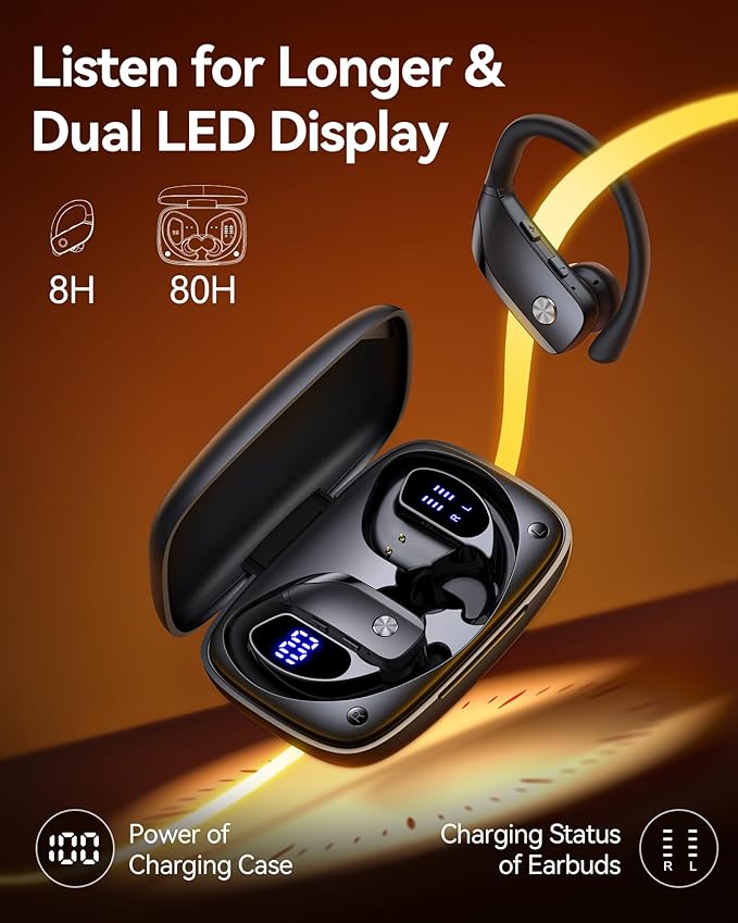 bmani Ear Buds Wireless Earbuds Bluetooth Headphones with 80H Playtime LED Display Case Over-Ear Hook with Mic Stereo Sound Easy Button Controls Sports Earphones for Running Workout Gym Black
