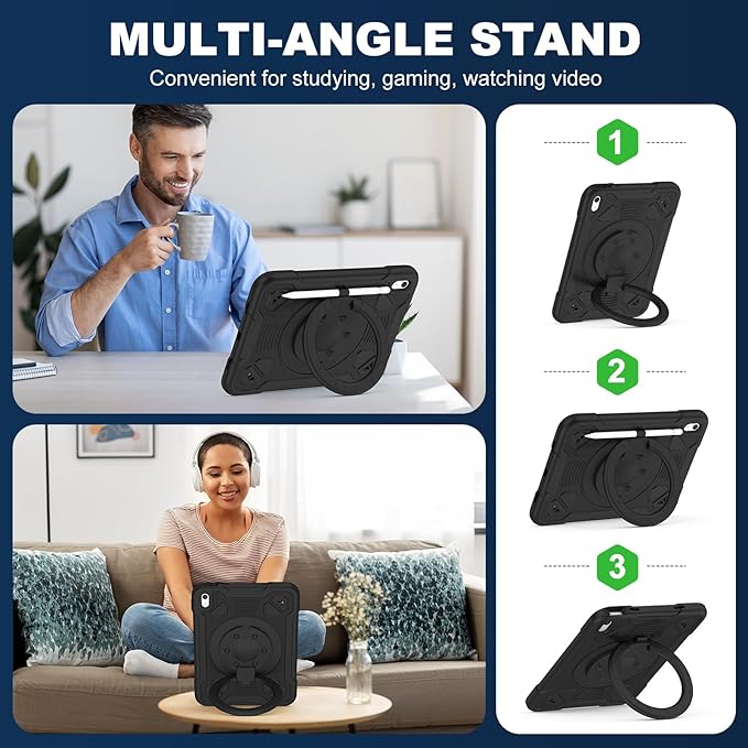 Case for iPad (A16) 11th Generation 11 Inch 2025/iPad 10th Generation 10.9 Inch 2022 with Built-in Screen Protector 360°Rotating StandShoulder Strap Full Body Heavy Duty Protective Cover (Black)