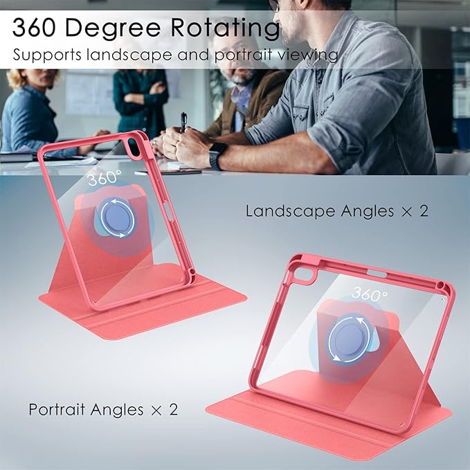 Soke Rotating Case for iPad (A16) 11th Generation 2025 iPad 10th Gen 2022 with Pencil Holder [Shockproof + Auto Sleep/Wake] 360 Degree Rotation Clear Back for iPad 11/10.9 - Watermelon