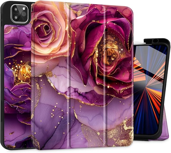 Mektron for iPad Pro M2 11-inch 4th/ 3rd/ 2nd/ 1st Gen Case 2022 2021 2020 2018 with Pencil Holder Tablet Cover with Soft TPU Back Cover for 11 inch iPad Pro Marble Flowers