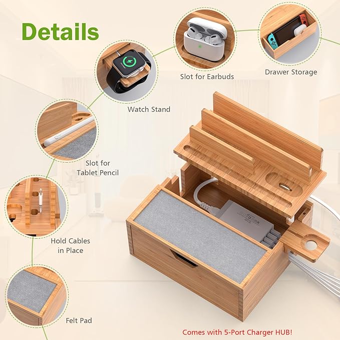 Pezin &amp Hulin Bamboo Charging Station for Multi Device with Power Charger &amp Cables Nightstand Docking Station with Lined Tray &amp Drawer Compatible with Tablet Cell Phones