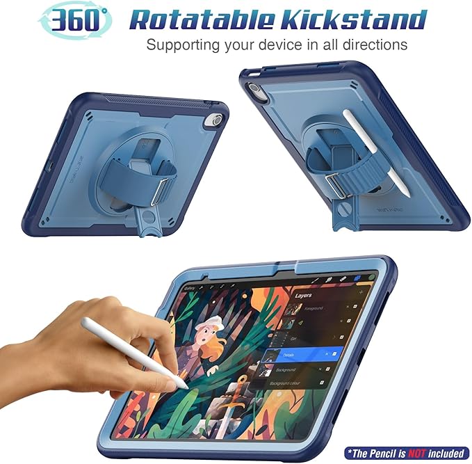 SEYMAC stock Case for iPad A16 11-inch Case 2025/ for iPad 11th/ 10th Generation 10.9'' 2022 Protective with Screen Protector Pen Holder Rotate Stand Loop Nylon Hand Strap Shoulder Strap Blue