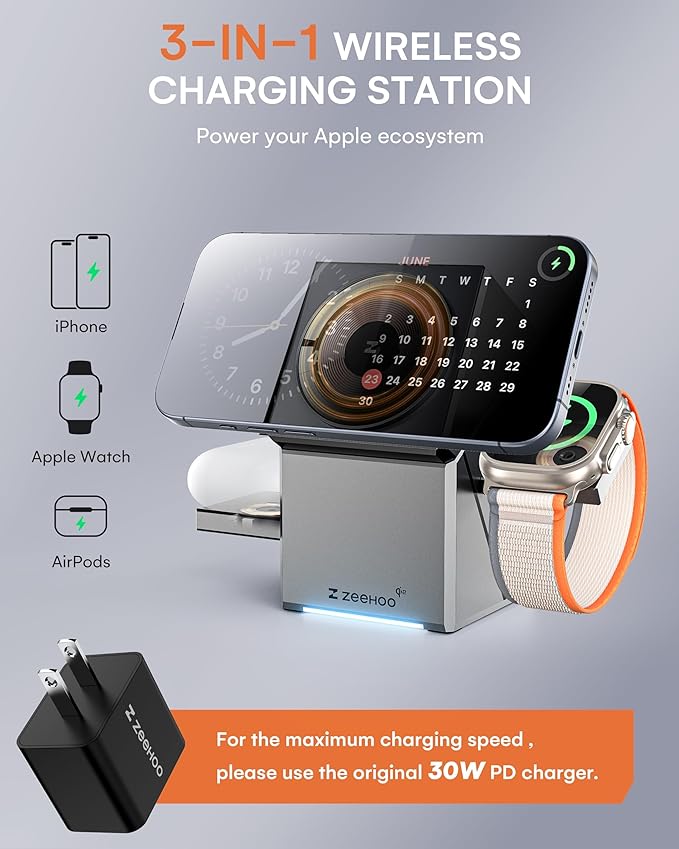 ZEEHOO 3 in 1 Charging Station for Apple Mag-Safe for iPhone Charger Qi2 Certified Rotating Wireless Charger Stand for iPhone 171615141312 Series Apple Watch AirPods (USB-C Charger Included)