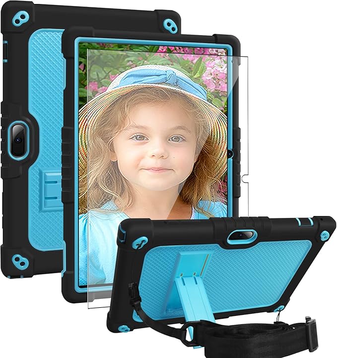 for Vankyo MatrixPad S10 Tab Case YQSAVIOR CUPEISI Coopers YQ10S VIVIMAGE A10 A38 BYANDBY BYYQ10S 10.1 Case Built in Kickstand Shoulder Strap Shell with Screen Protector (Black+Blue/1 Pcs)