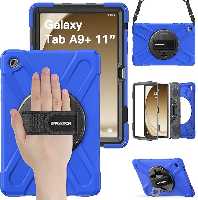 BRAECN for Samsung Galaxy Tab A9 Plus Case 11 Inch 2023 Shockproof Hard Duty Case with Screen Protector &amp360 Rotating Stand&ampHand Strap/Shoulder Strap for Galaxy A9 Plus Tablet-Black