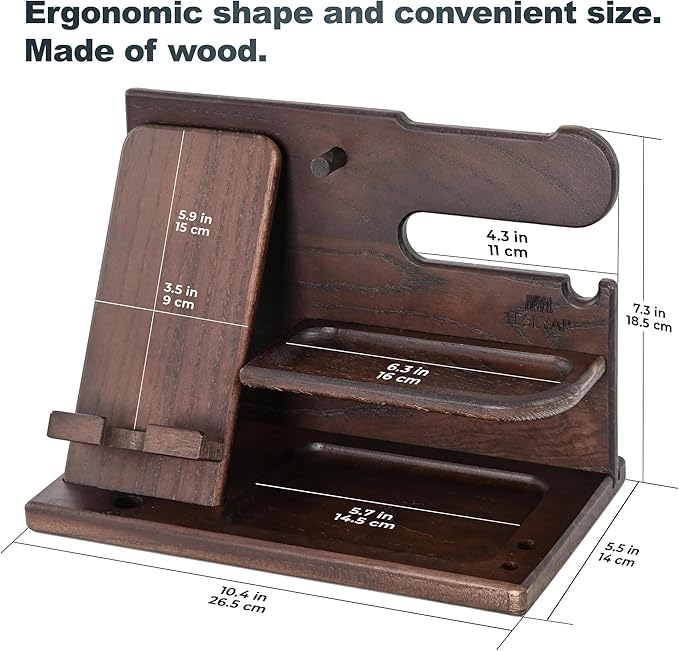 TESLYAR Wood Phone Docking Station for Men - Desk or Nightstand Organizer - Birthday Gifts for Husband Dad - Anniversary Idea from Wife - Key Holder Stand Wallet Watch &amp Essentials (Wenge)