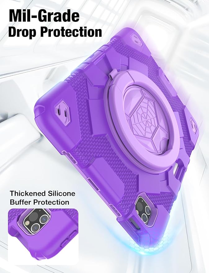 SCSVPN Kids Case for iPad Air 5th/4th Generation 10.9-inch 2022/2020 &amp iPad Pro 11'' 4th/3rd/2nd/1st Gen 2022 2021 2020 2018 Protection Case with Pencil Holder Stand Handle Shoulder Strap Purp