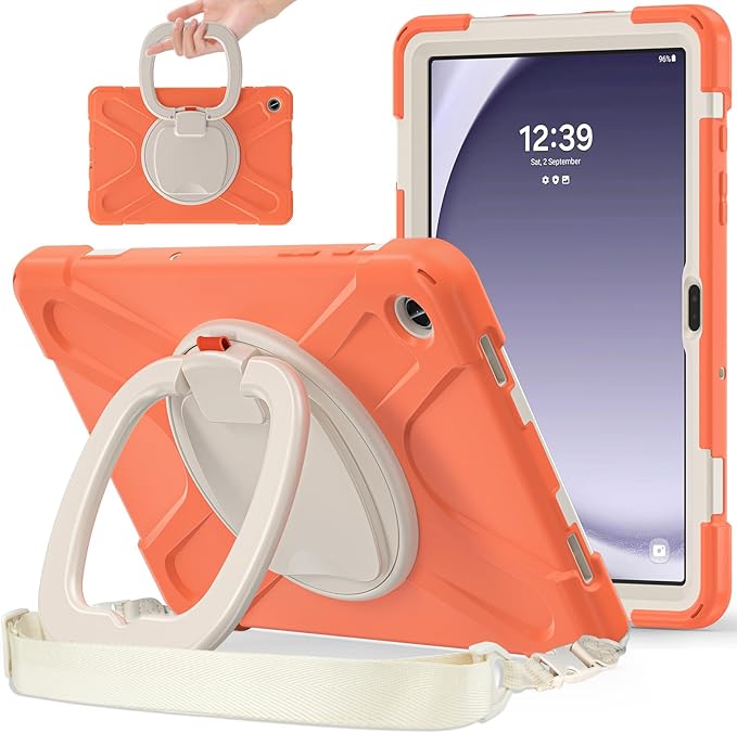 Case for Galaxy Tab A9 Plus 11 2023 (SM-X210/ X215/ X216) Heavy Duty Protective Case with 360 Degree Swivel Stand&ampHand Strap&ampShoulder Strap (Living Coral)