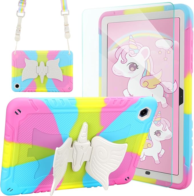 for Samsung Galaxy Tab A9 Plus Case for Samsung Tablet 11 inch Cover with Tempered Glass Screen Protector Shoulder Strap Shockproof for Galaxy Tab A9 Plus Tablet Case Kids Girls Colourful Unicorn