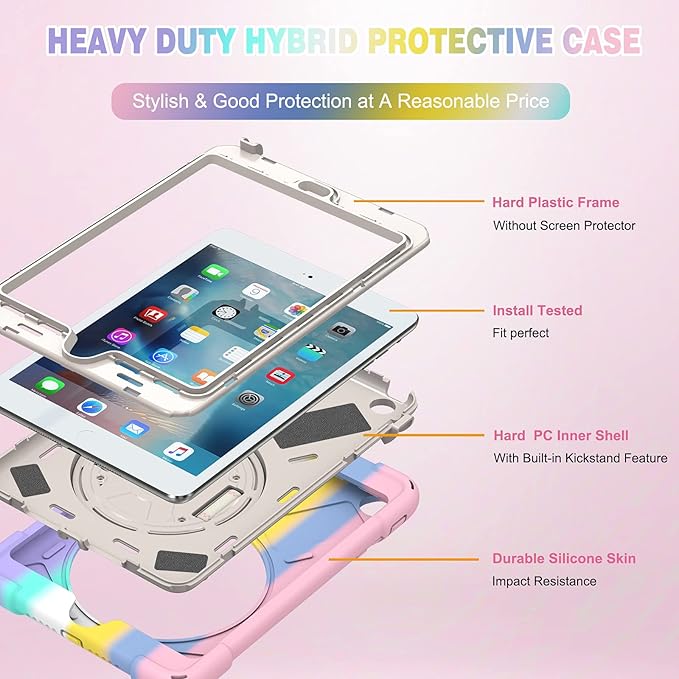 BATYUE Shockproof Case for iPad mini 1/2/3 (2012/2013/2014) - 360° Multi-Angle Stand (Portrait &amp Landscape) &amp Grip Multi-Scene for All Ages Colourful Pink