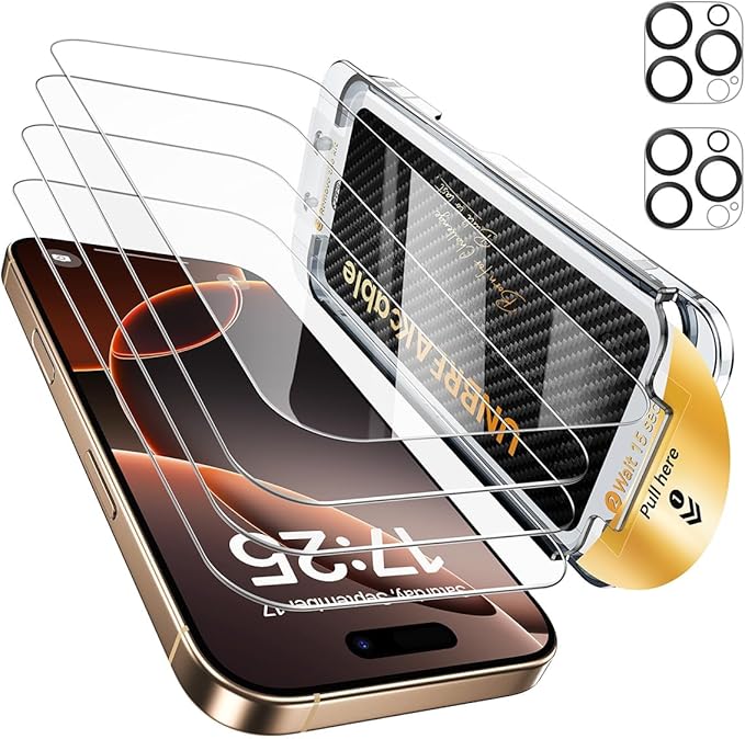 UNBREAKcable for iPhone 16 Pro Max Screen Protector 4+2 Pack [9H+ Military-Grade Shatterproof] [Effortless Bubble-Free Installation] Ultra HD Clarity Tempered Glass with Lens Protector Case friendly