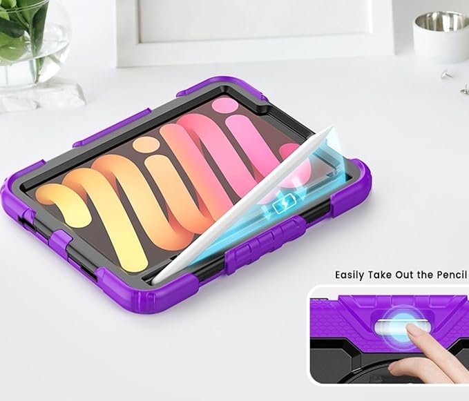 Case for iPad mini 7 (A17 Pro) 2024/ Mini 6 8.3'' with Pencil Holder Screen Protector [360 Rotating Hand Strap] &ampStand &ampShoulder Strap Shockproof Case for iPad mini 7th/6th Generation Purple