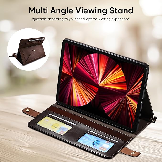 Tablet Carrying Shoulder Bag Case for Samsung Galaxy Tab S10+ Plus/ S9 FE+ Plus 5G/ S9+ 12.4 PU Leather Hand Strap Crossbody Shoulder Strap Cards Holder Pocket S Pen Holder Stand CaseDark Coffee