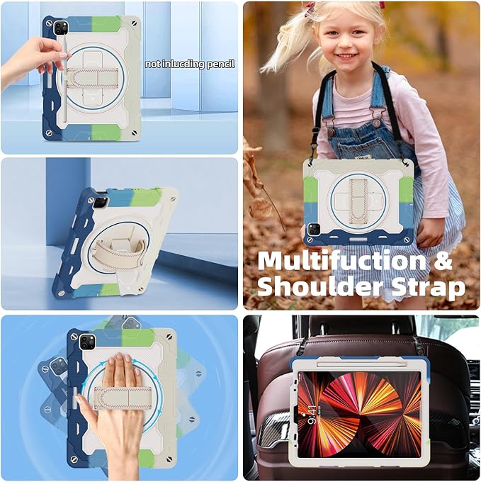For iPad Air 5th 4th Generation 10.9 inch Case with Screen Protector [15ft Drop Protection] iPad Pro 11 Case 4th 3rd 2nd 1st Gen (2022 2021 2020 2018) for Kids W/ 360 Stand Hand/Shoulder Strap
