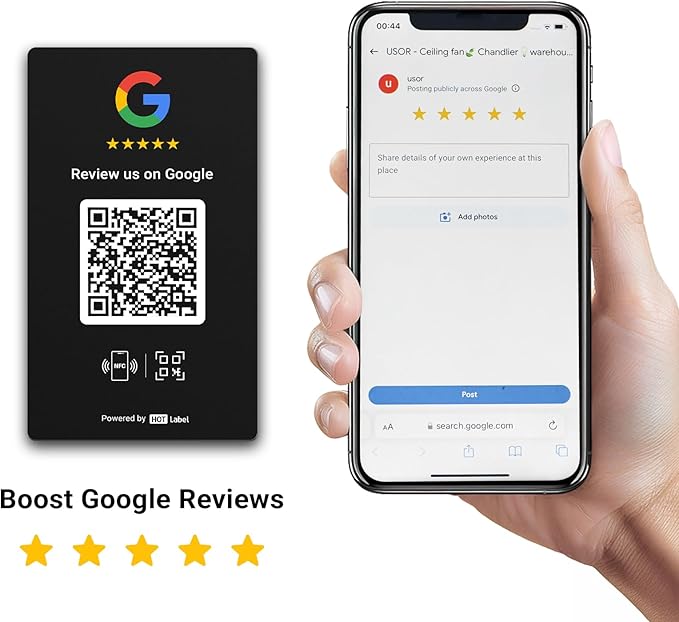 HotLabel Review Card 3-Pack + For Boosting Business Reviews + Black + NFC Tap &amp QR Code + Supports 3 Different Stores or Same + All Phones Compatible + No App/Subscription
