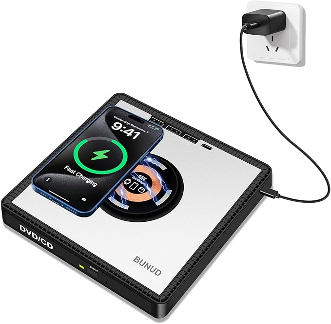 BUNUD External DVD Drive with Wireless-Charger: USB CD Burner &amp 15W Fast Charging for iPhone 17 16 15 14 13 12 Series - External DVD Player for Laptop Mac Apple Windows with SD/TF/3 USB Ports