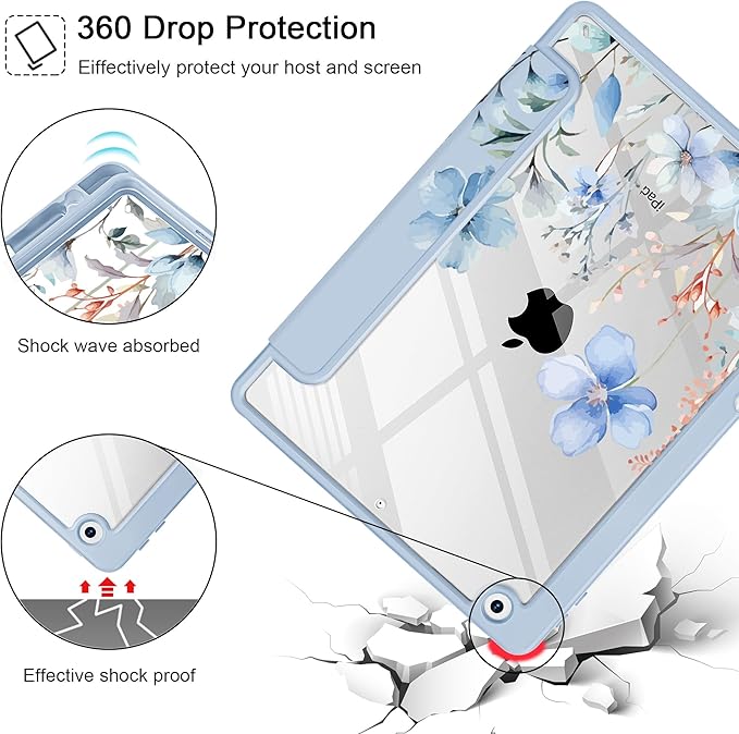 May Chen for iPad 9th Generation with Pencil Holder iPad 8th/7th Gen Case 10.2-inch [Penceil Holder] Trifold Stand Auto Wake/Sleep Clear TPU Protection Back Cover Wild Flowers