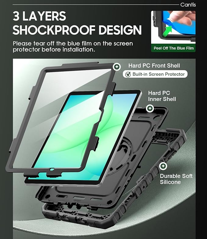 Cantis Case for Samsung Galaxy Tab A11 Plus 11 Inch 2026 (SM-X230/X236/X238) Shockproof Case for Tab A11+ with Screen Protector/Rotating Stand/Pen Holder/Shoulder Strap Black