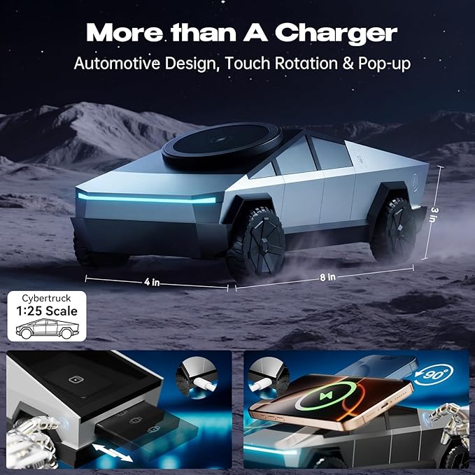 CyberDockV2 3-In-1 Wireless Charging Station Cybertruck 1:25 Scale Charger with Qi2 Certified 15W Charging for iPhone iWatch AirPods Magnetic Rotating Charger with Ambient Light 30W Adapter Sliver