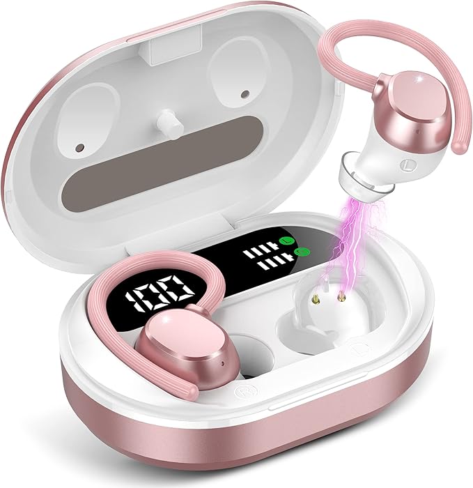 Ear Buds Wireless Earbuds HiFi Stereo Bluetooth 5.3 Running Headphones with Dual LED Display 30Hrs Playtime Built-in Mic Type-C in-Ear Bluetooth Earphones with Earhooks for Sport Rose Gold