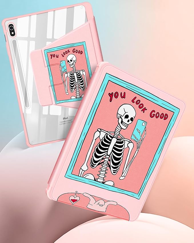 for Samsung Galaxy Tab S10 Fe Case - Tab S9 Fe/S9 Case with Pencil Holder Women Girls Cute Girly Pretty Skeleton Unique Aesthetic Design Teens Rotating Tablet Cases Cover