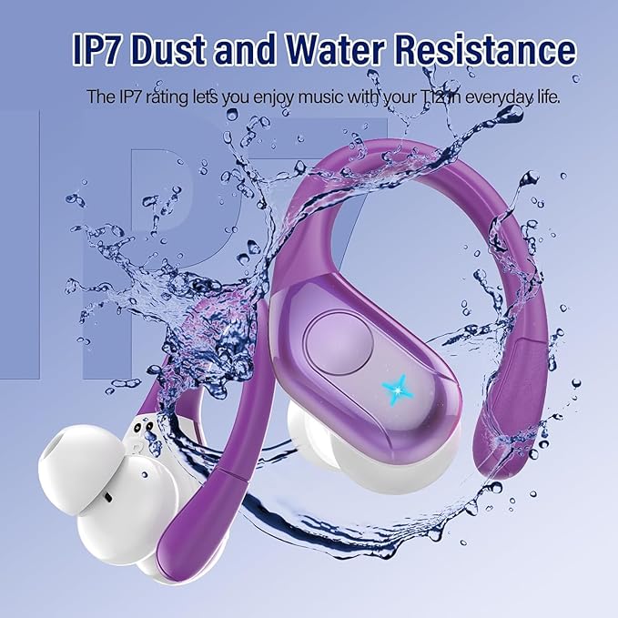 Wireless Earbuds Bluetooth 5.4 Headphones 75H Stereo Deep Bass Sports Over Ear Buds with Earhooks LED Display Bluetooth Earbuds with 4 ENC Mic IP7 Waterproof Earphone for RunningDark Purple