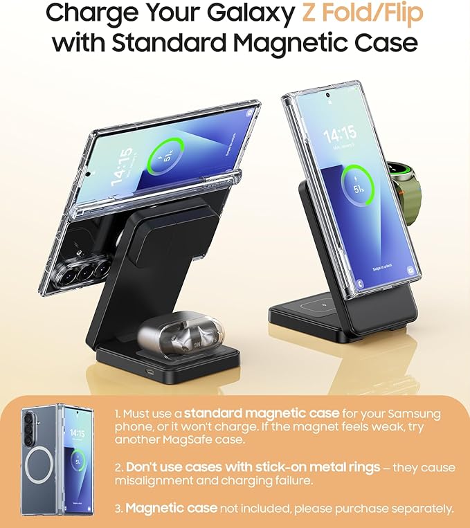 3 in 1 Magnetic Foldable Wireless Charger for Samsung Fast Mag-Safe Charging Station for Galaxy S26 S25 S24 Ultra Plus/Z Fold/Z Flip 7/6/5 Charger Stand for Galaxy Watch Ultra /8/7/6/5/Pro for Buds