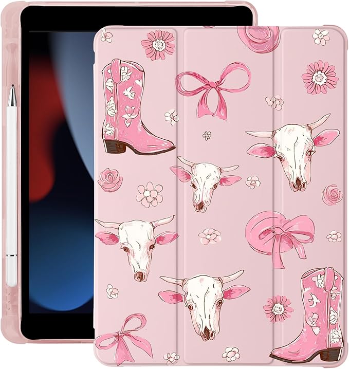 Cute Western Cowgirl Bow for iPad mini 7 A17 Pro 2024/iPad Mini 6 Case with Pencil Holder Auto Sleep/Wake Pink Leather Soft TPU Back Cover