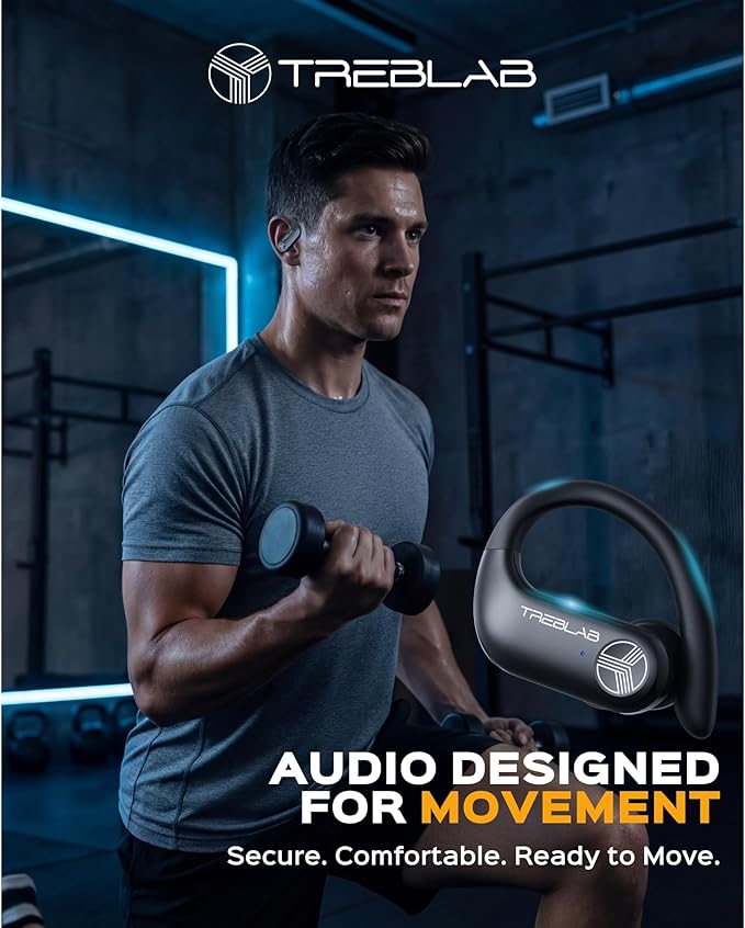 TREBLAB X3 Pro - Sports Wireless Ear Buds Bluetooth - Comfortable Workout Headphones with Secure Ear Hooks 9H Long Battery Life IPX5 Sweatproof Earphones Noise Isolation Over Ear Earbuds