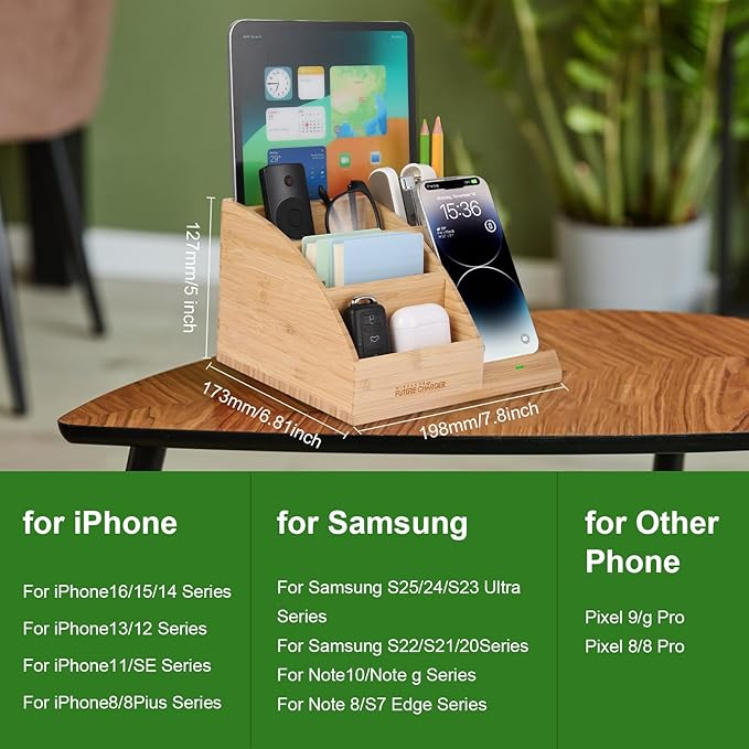 Bamboo Pen Holder for Desk &amp Nightstand Organizer with Fast Wireless Charging for iPhone Samsung &amp More – Office Desk Accessories for Men/Women (Natural)
