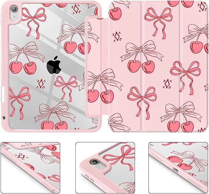 May Chen Case for iPad Air 13 Inch M4 2026 M3 2025 M2 2024 [Built-in Pencil Holder] Shockproof Cover with Clear Transparent Back Shell Auto Sleep/Wake Cover Coquette Cherry Bow